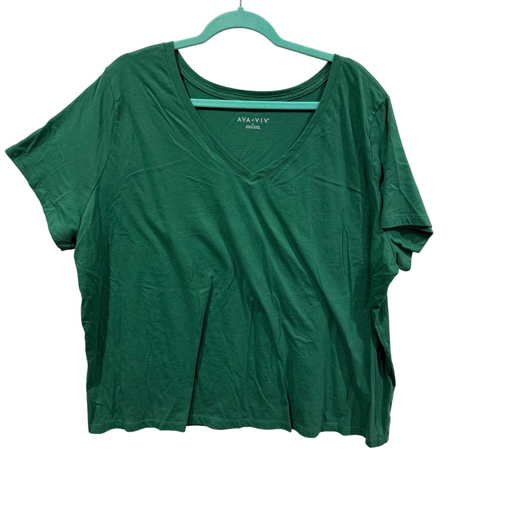 Ava & Viv Womens 2X Green V-Neck Short Sleeve Basic T-Shirt Cotton Blend